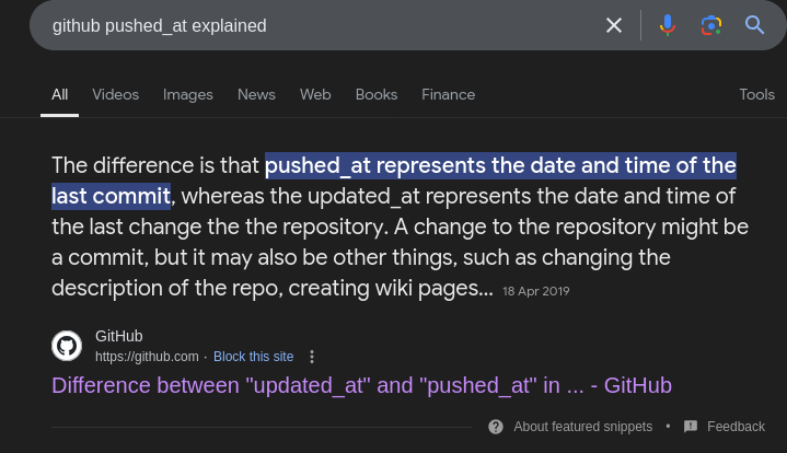 Google AI response to "github pushed_at" explained, the answer claims that pushed_at represents the date and time of the last commit, which is false