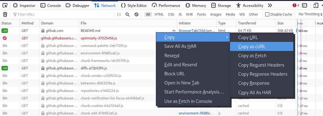 Browser screenshot showing 'Copy as cURL' right click action for requests under network monitor