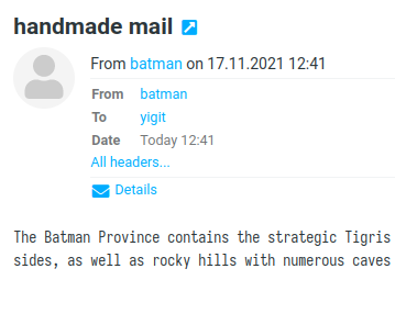 Screenshot of an email client showing a mail sent by "batman"